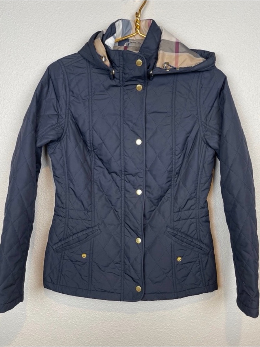 Barbour Navy Quilted Hooded Jacket with Plaid Lining